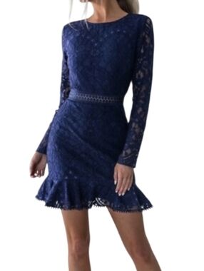 Two Sisters Navy Blue Medindi Long-Sleeve Lace Fit & Flare Dress Size 4
